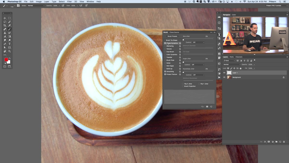 Brush settings panel open, Shape Dynamics and Scatter controls visible