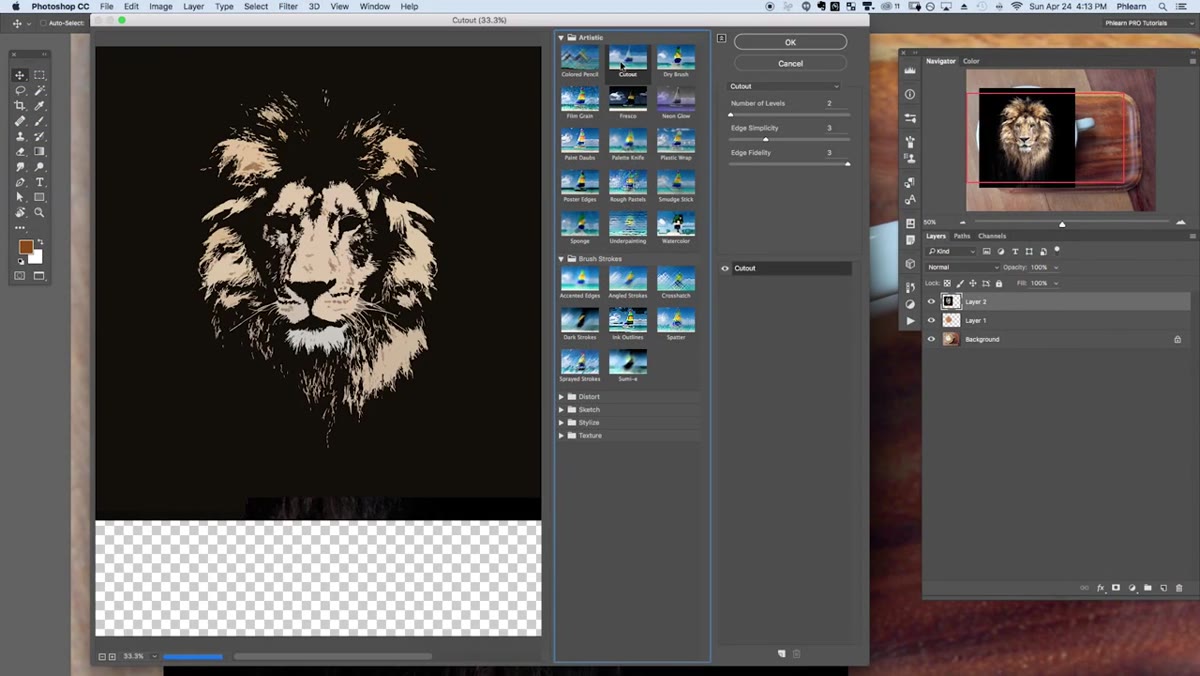 Simplified image placed over latte photo, blend mode panel visible