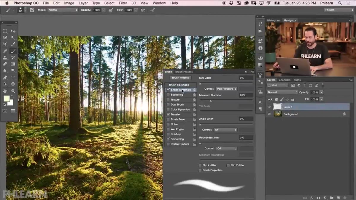Brush panel open with Shape Dynamics settings visible