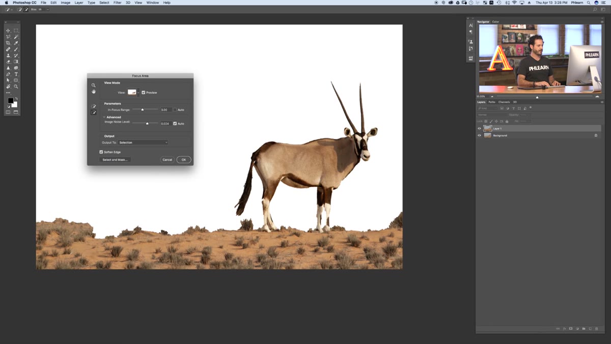 Refine Edge dialog open with edge detection active