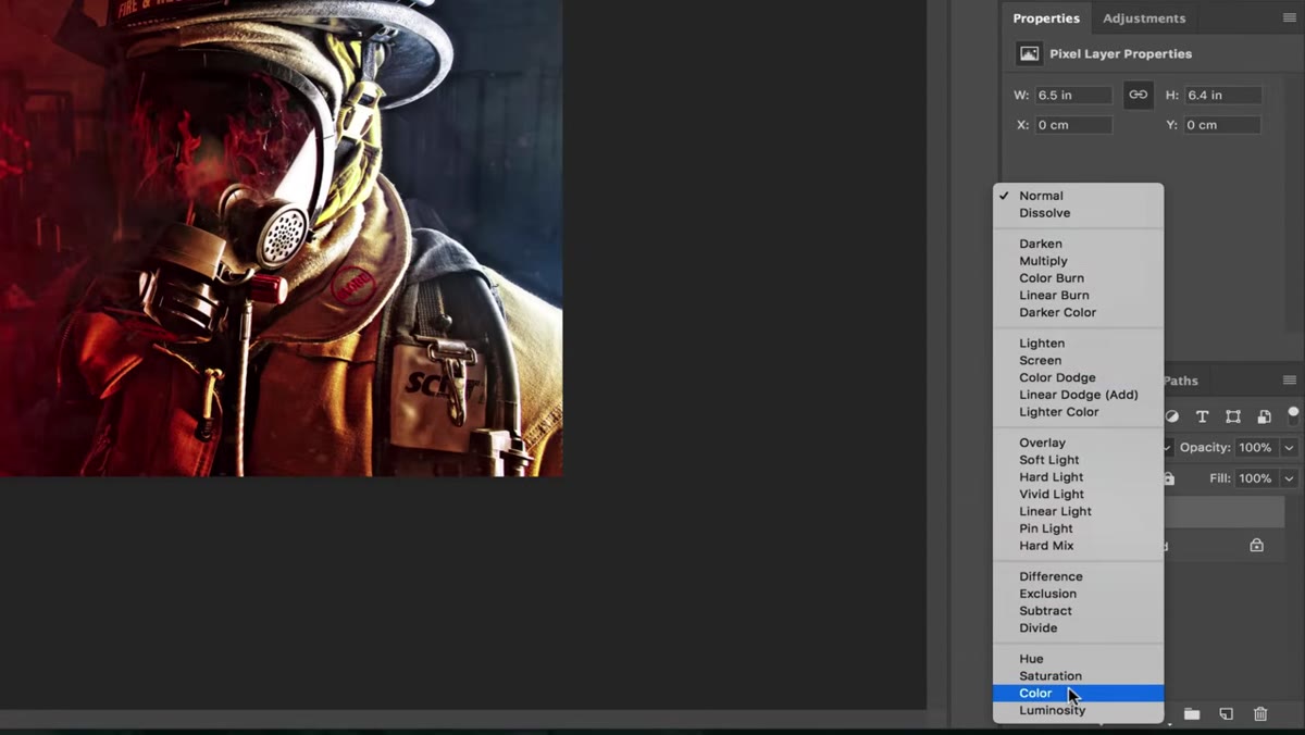 Blending mode dropdown showing Color selected in Layers panel