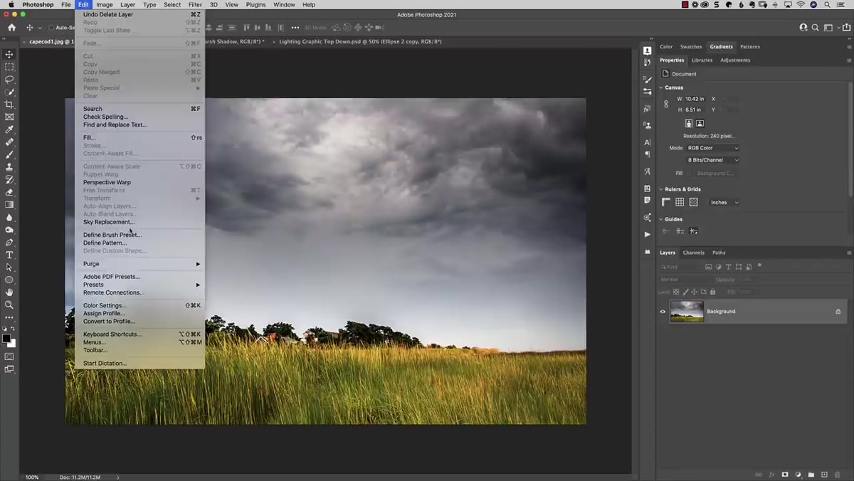 Edit menu open with Sky Replacement option highlighted