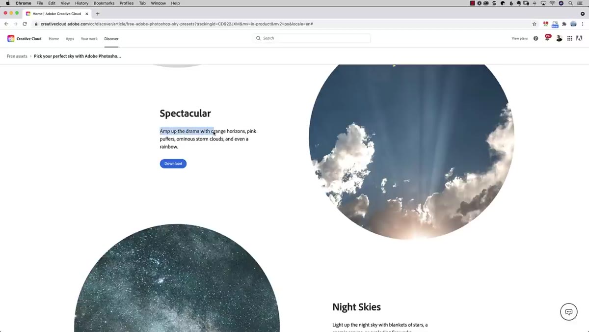 Adobe website showing sky pack categories available for download
