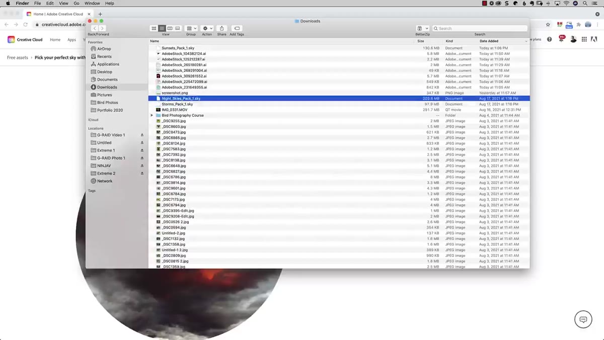 Gear icon menu showing Import Skies option in Photoshop
