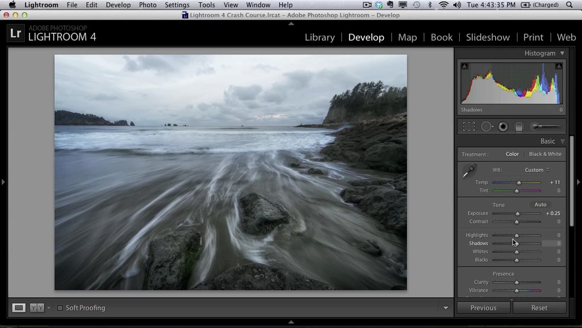 Exposure slider being nudged up, Highlights slider being dragged left