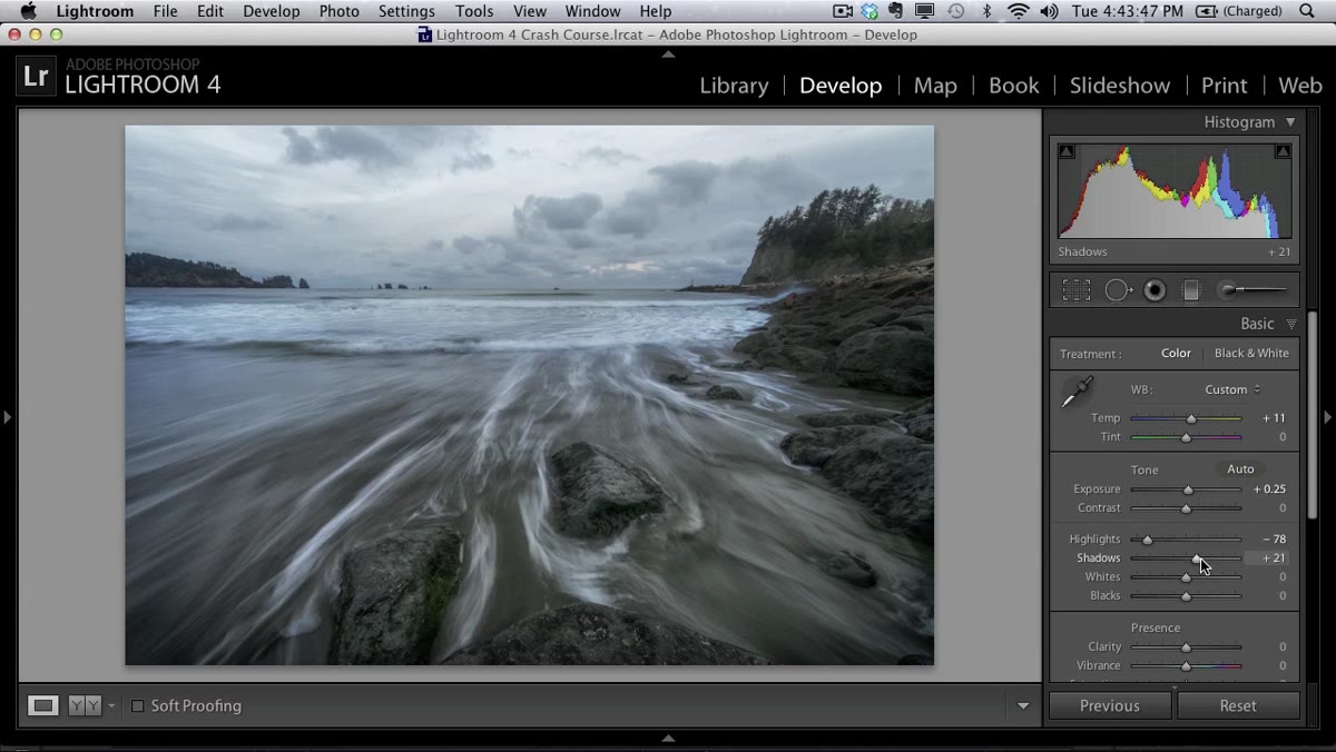 Shadows slider being dragged right, then Alt/Option key held for white point clipping view