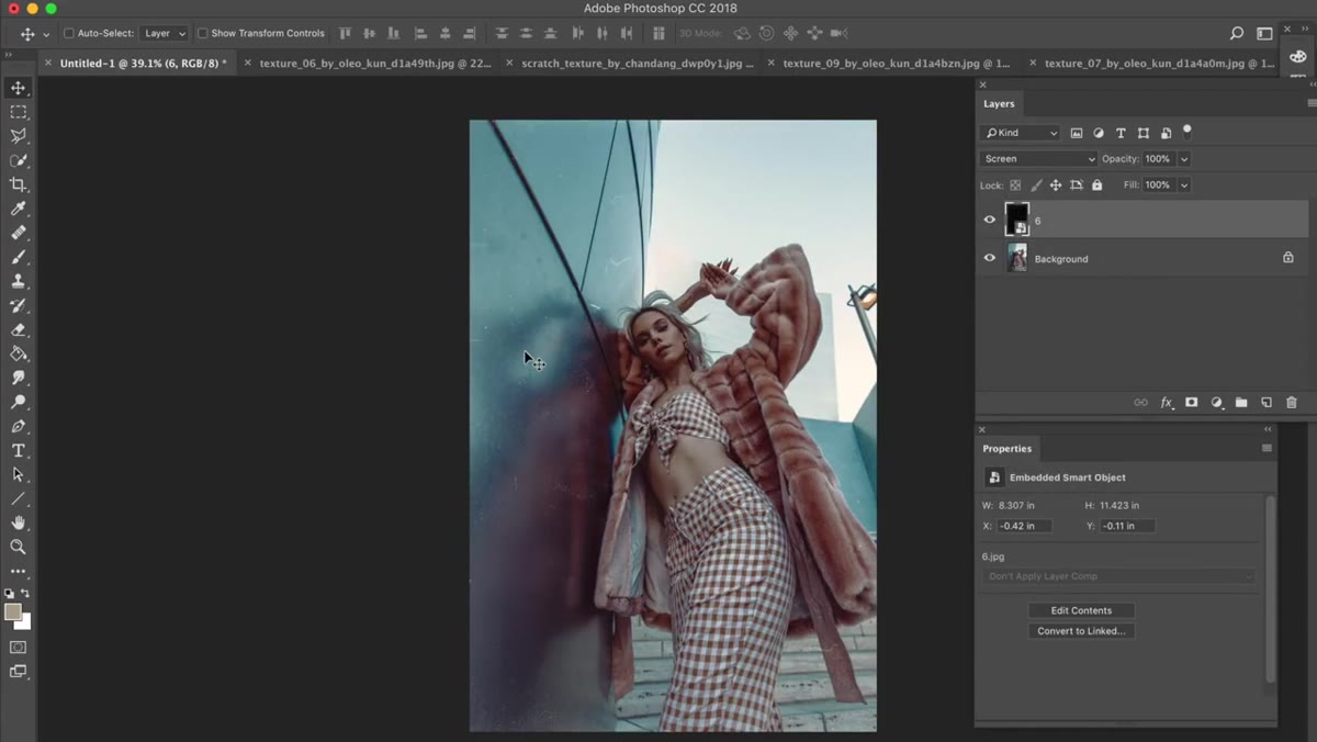 Blend mode dropdown showing Screen selected on texture layer