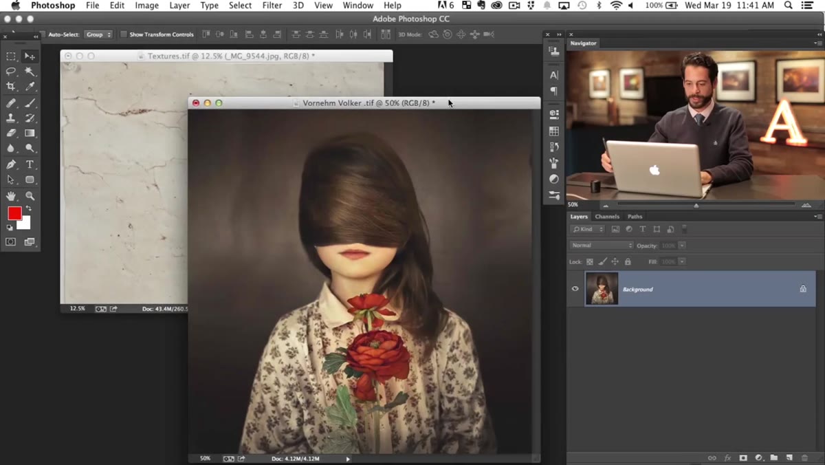 Portrait image open in Photoshop with plain background visible