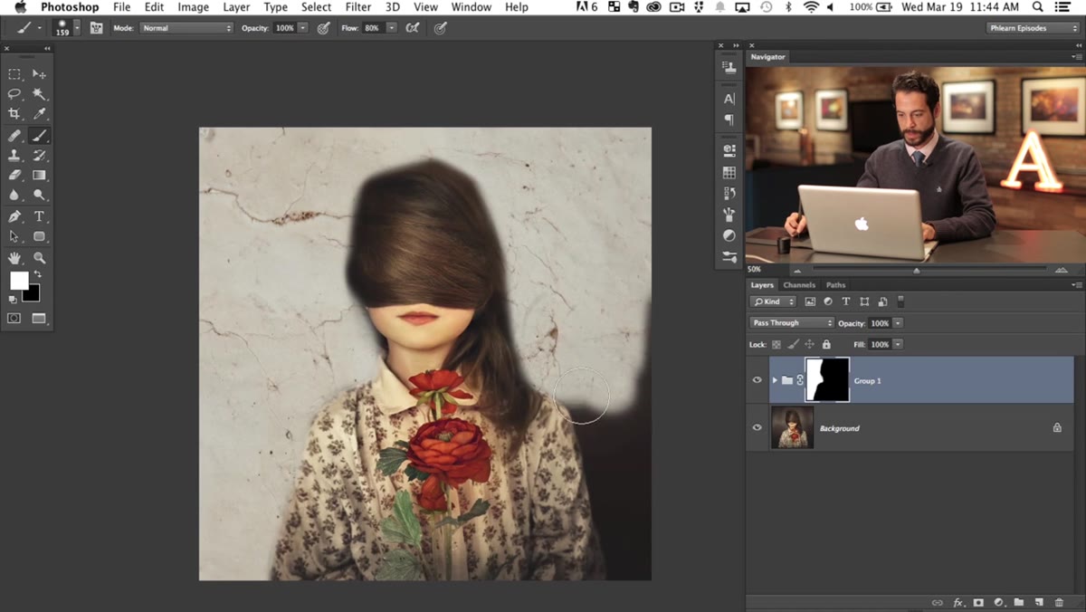 White brush painting on black mask to reveal background texture