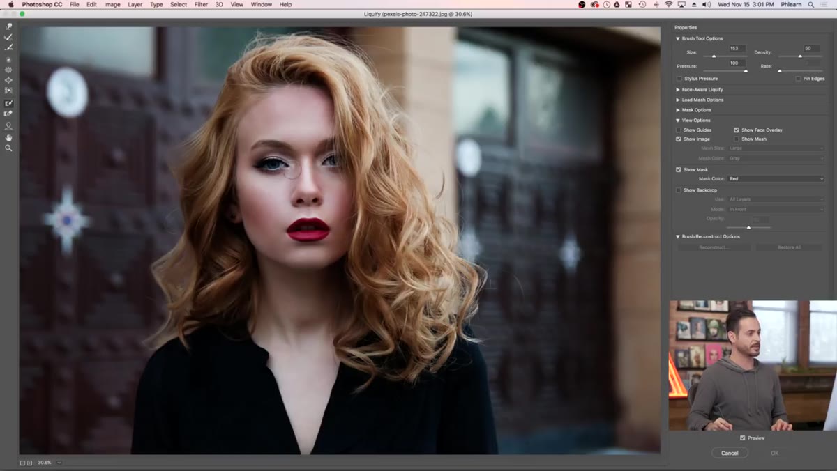 Freeze Mask tool painting over subject&rsquo;s face in Liquify dialog
