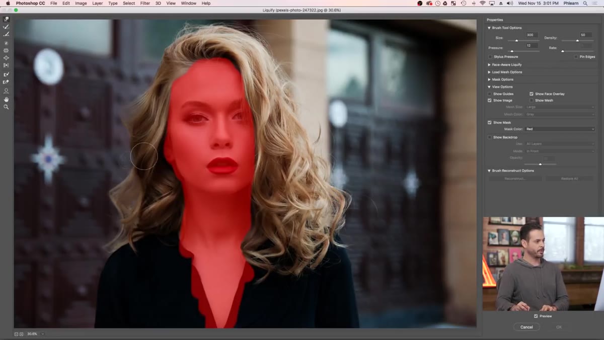 Large Liquify brush pulling hair outward from inside hairline