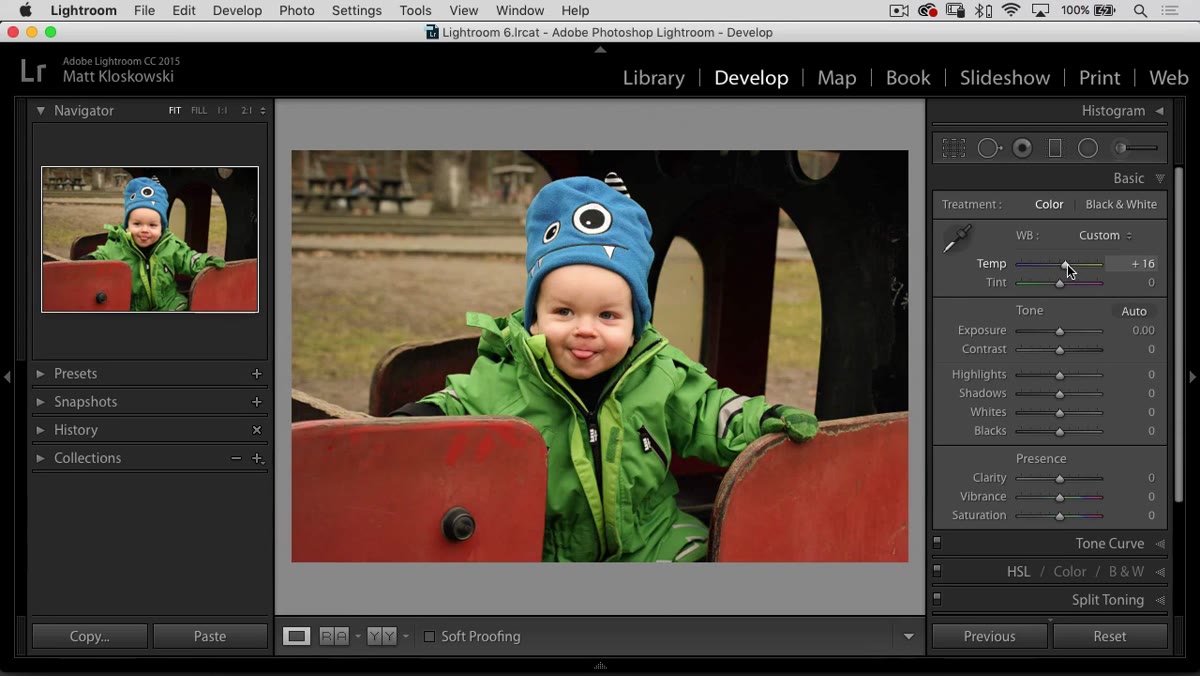 Lightroom sliders being adjusted, white balance and exposure