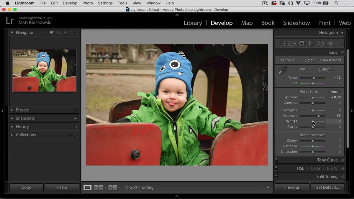 Whites slider being dragged while screen shows clipping preview