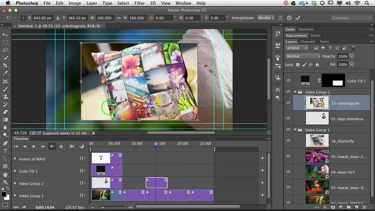 Free Transform handles active around the inset video clip
