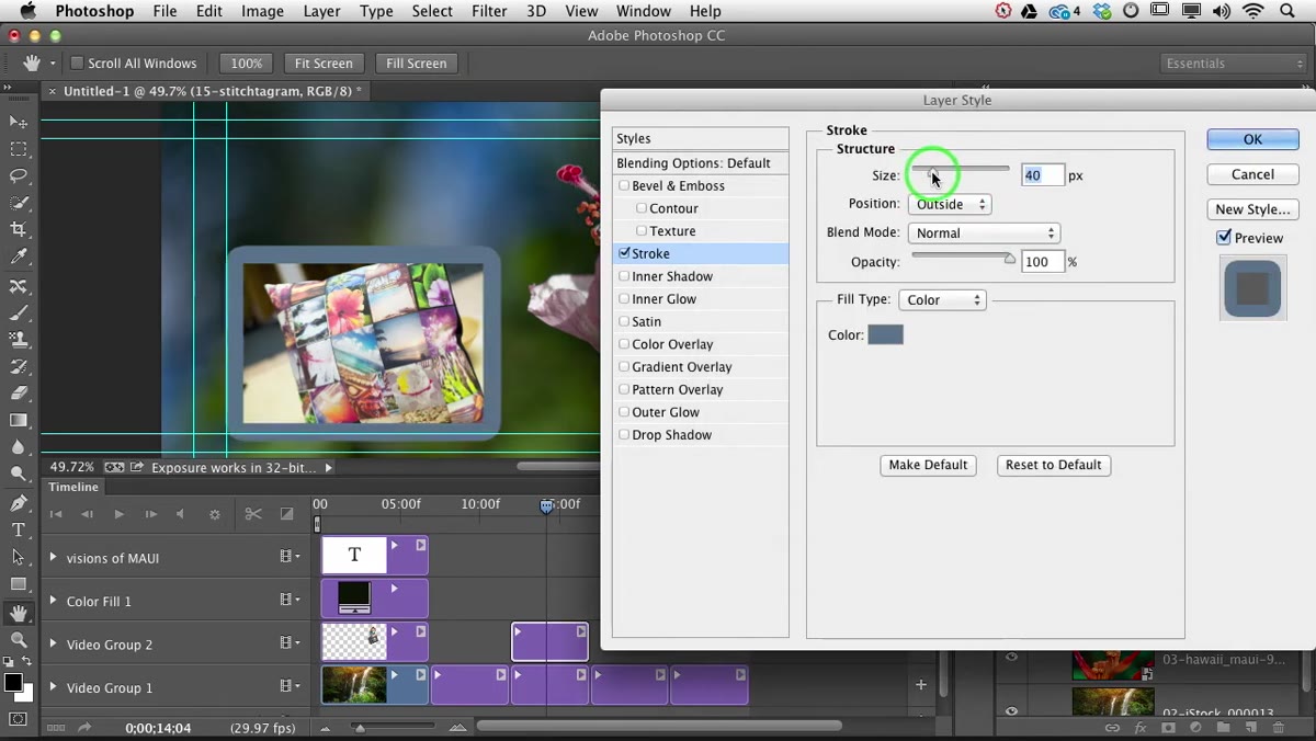 Stroke size slider being adjusted in the Layer Style dialog