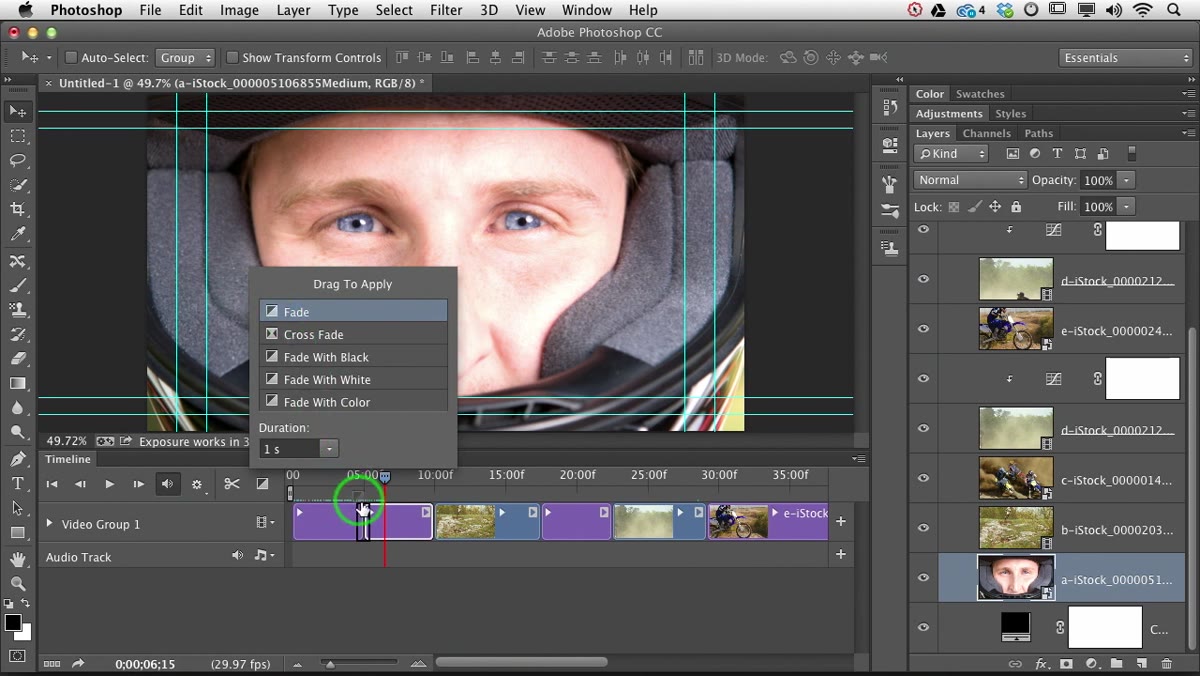 Dragging a fade transition onto a clip in the timeline