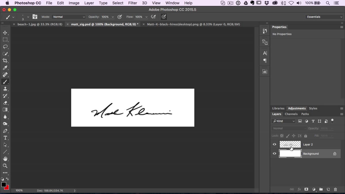 Layers panel showing signature on transparent layer above background