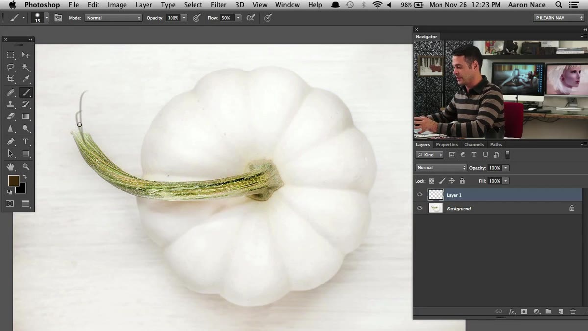 Aaron brushing a rough heart sketch over the pepper stem