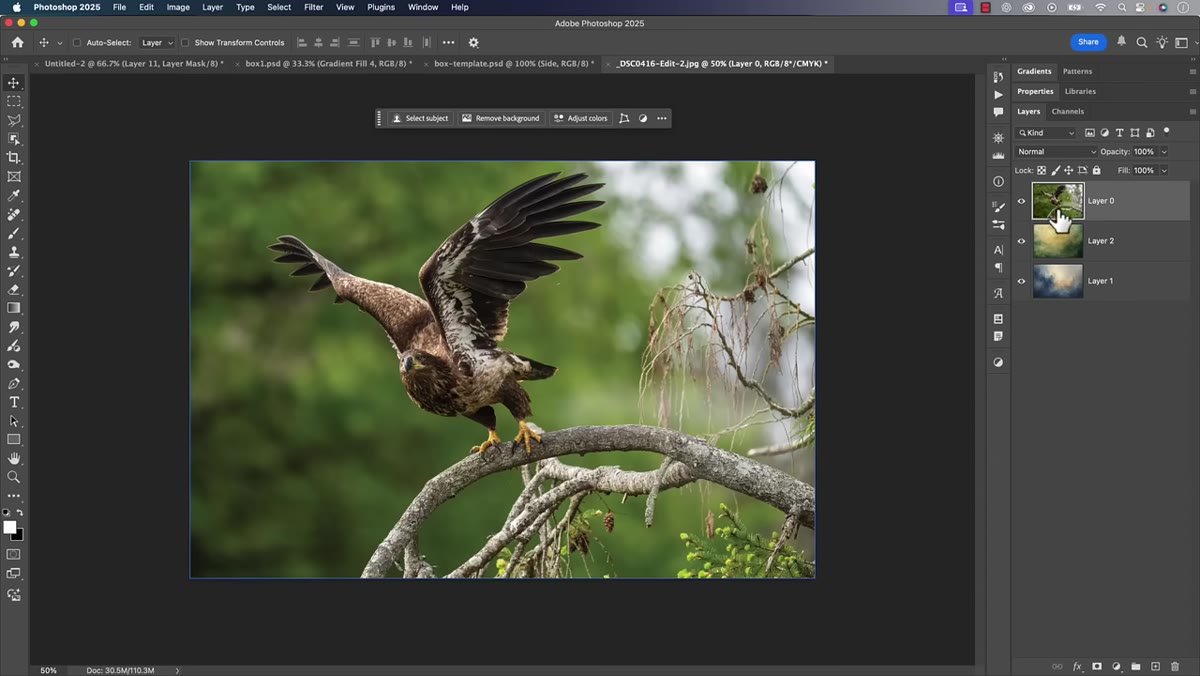 Photoshop document open showing two texture layers and subject photo layer stacked