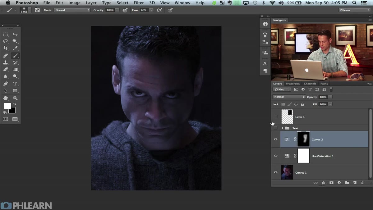 Adjustment layers panel showing Hue/Saturation above Curves layer