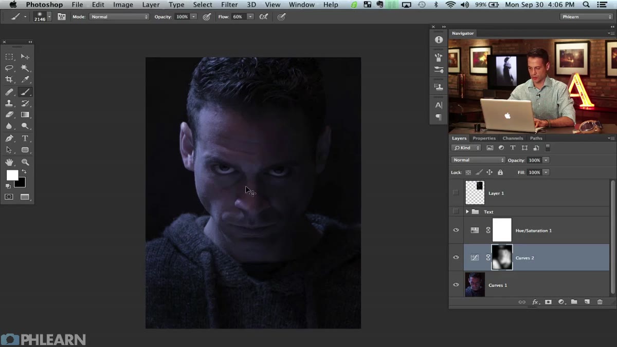 Soft white brush painting shadow areas into the Curves mask