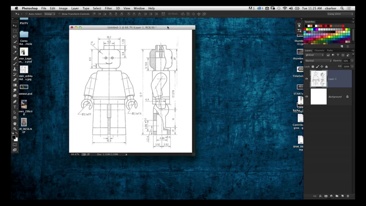 Lego man blueprint with front and side view diagrams