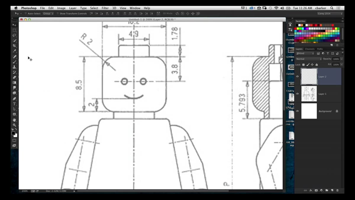 Pen tool path drawn along the left half of the Lego head