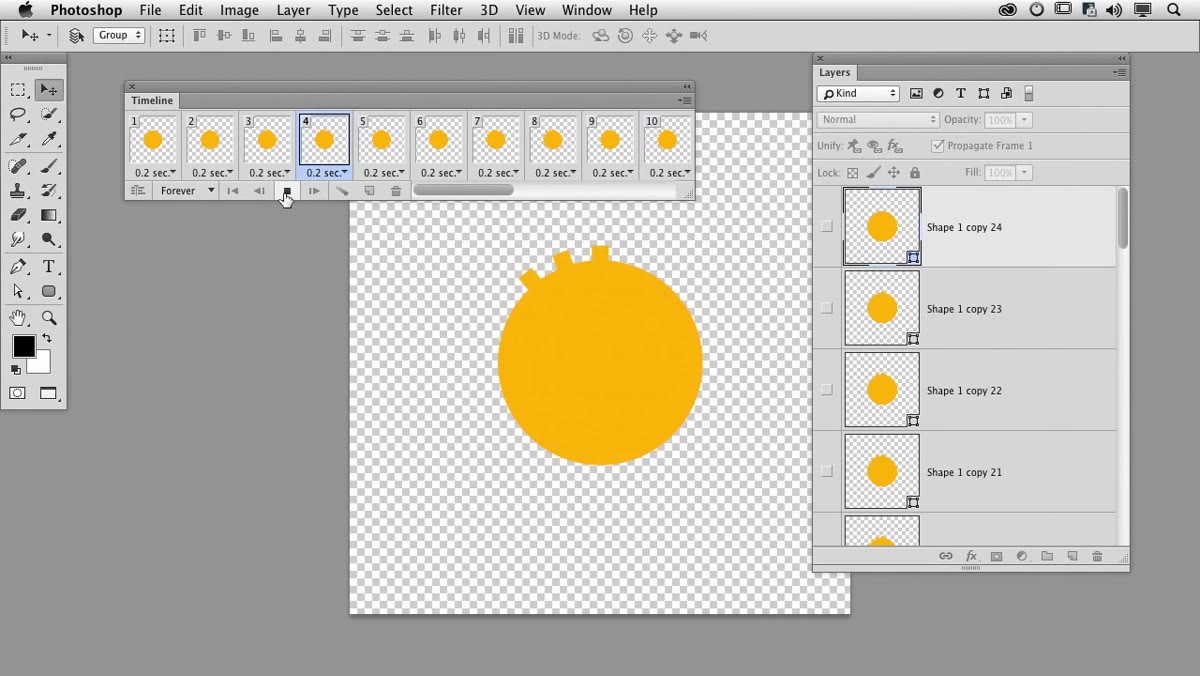 Photoshop with animation playing in timeline preview
