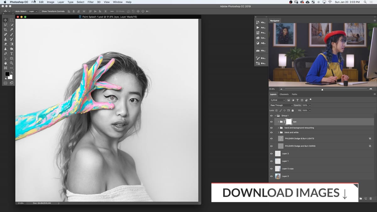 Three paint splash photos opened in Photoshop workspace
