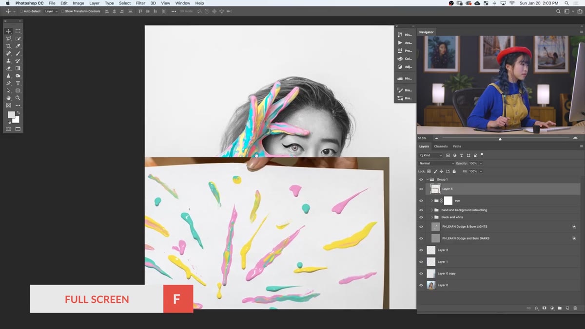 Paint splash layer dragged onto base portrait, transform handles visible