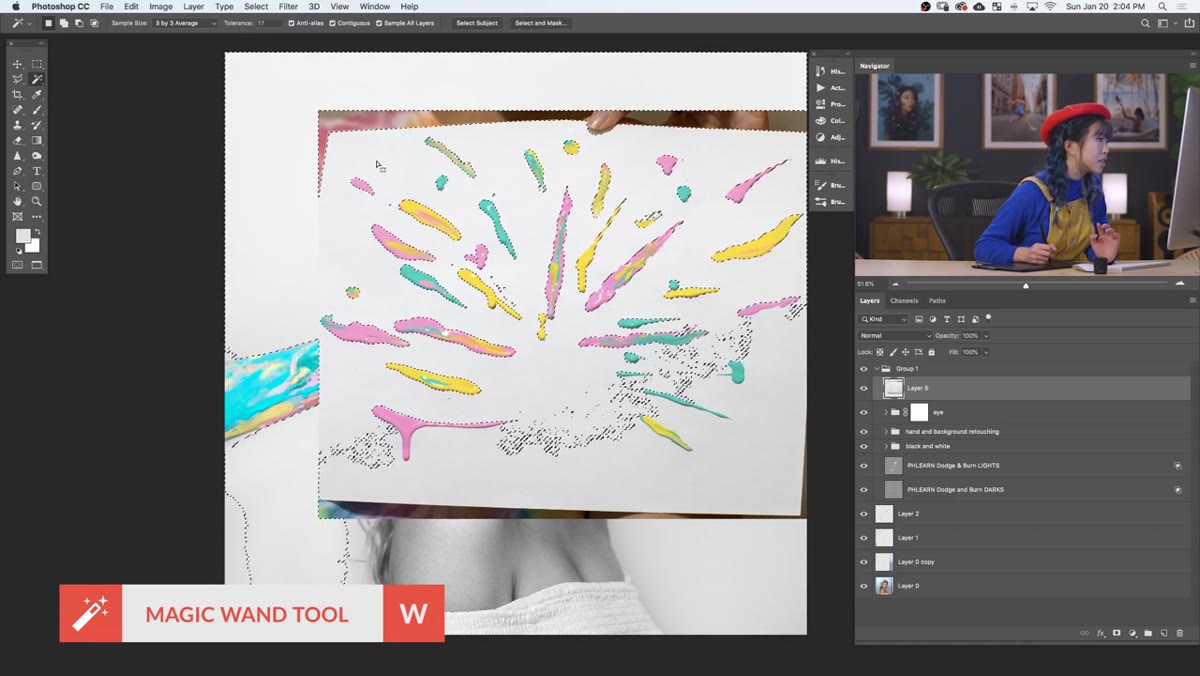 Magic Wand tool active, white background being selected on splash layer