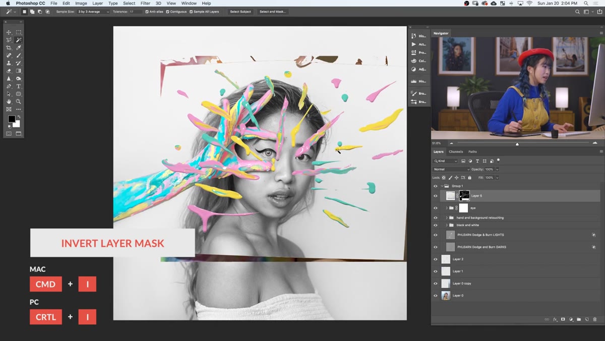 Layer mask added, Command I inverts selection to reveal paint splashes