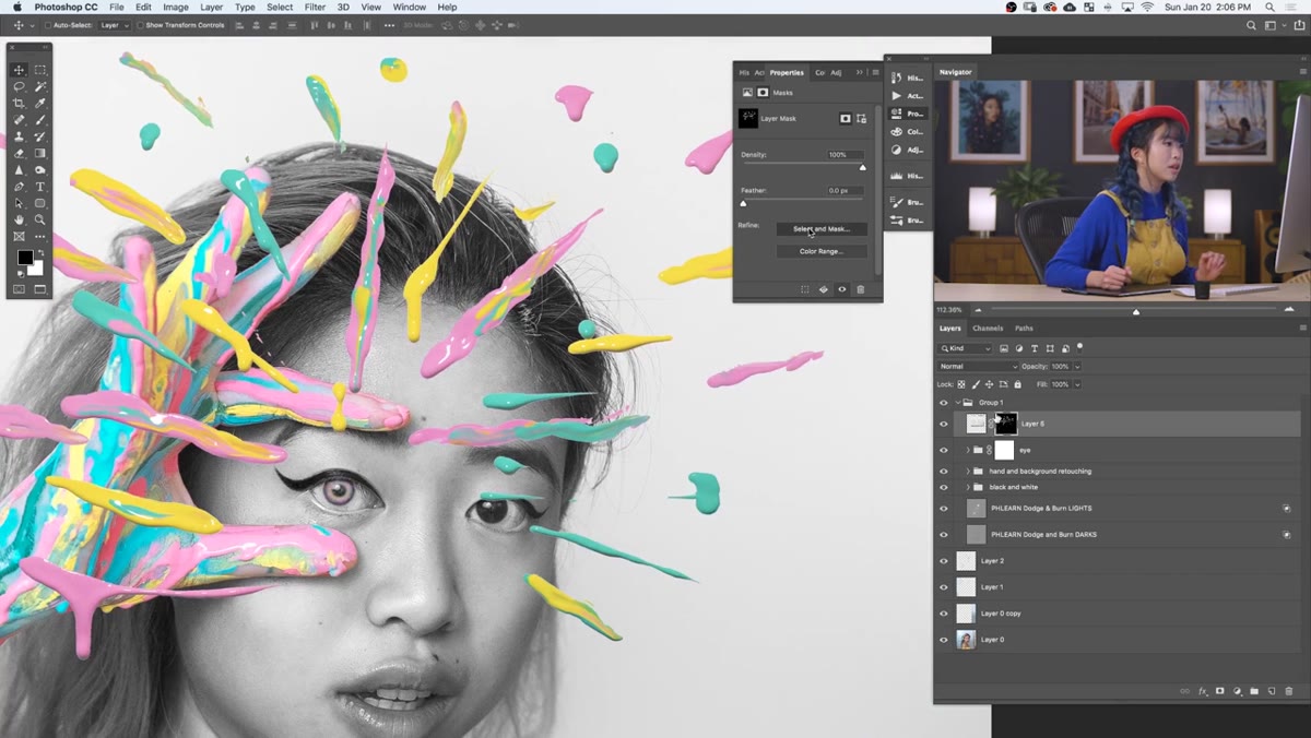 Mask Properties panel open, Shift Edge and Smooth sliders being adjusted