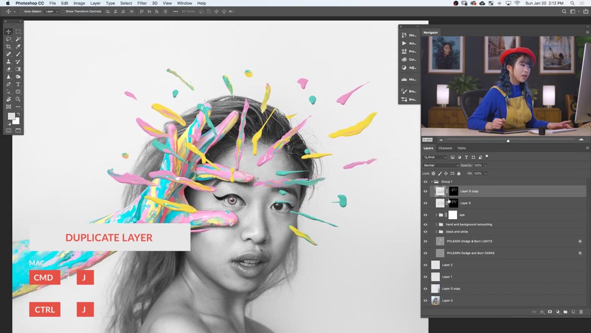 Layer duplicated in panel, Apply Layer Mask option shown in menu