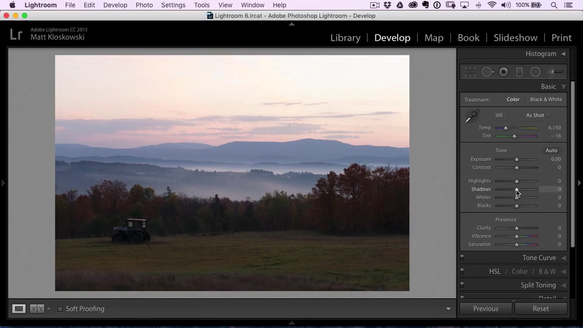 Basic panel open in Lightroom with highlight slider being adjusted