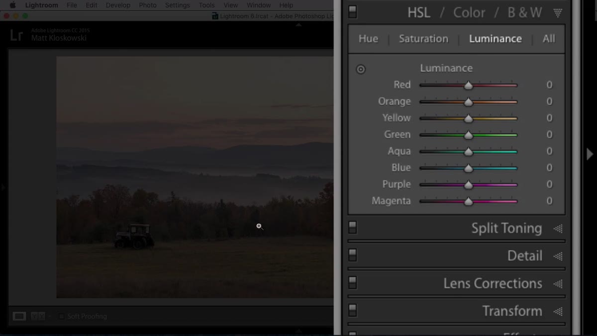 HSL panel open, Luminance tab selected, yellow and orange sliders visible