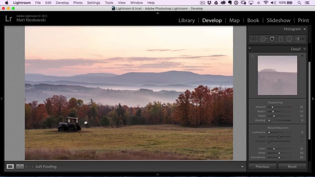 Detail panel open, sharpening sliders with landscape zoomed in to 100%