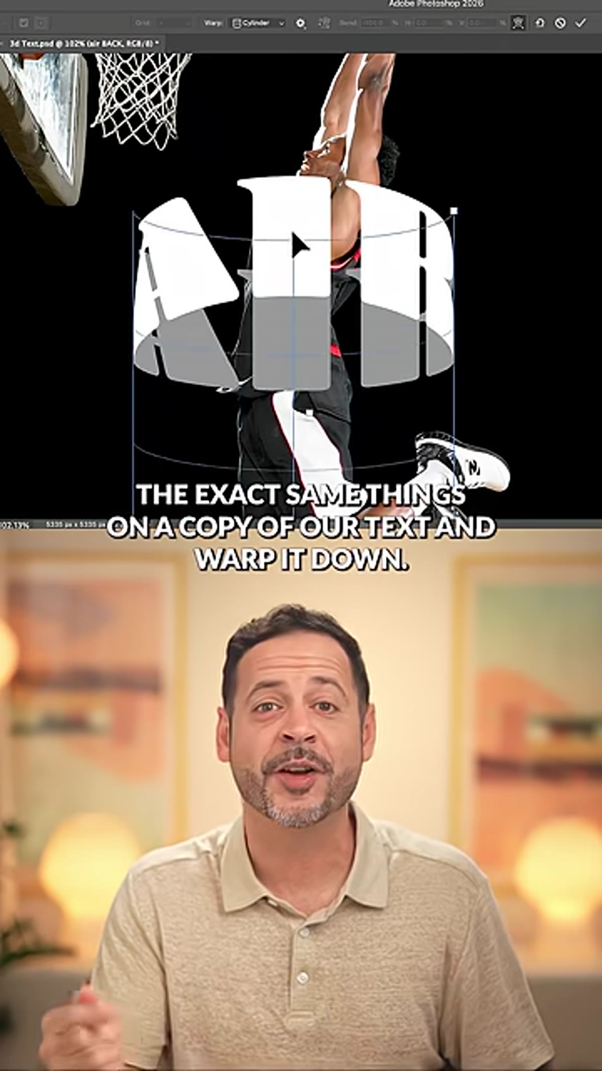 Second text layer warped downward below subject