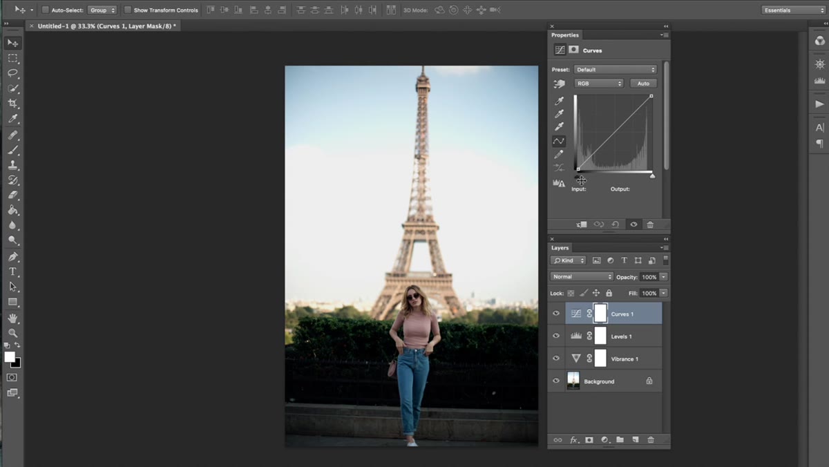 Curves adjustment layer open with RGB channel curve being adjusted