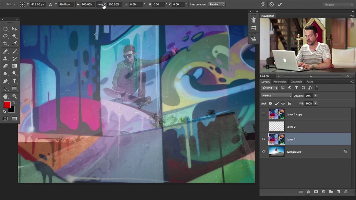 Warp grid applied to graffiti layer over curved skate ramp surface