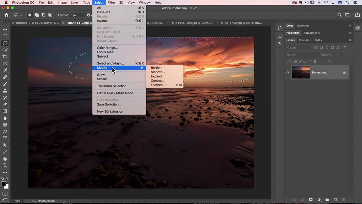 Feather dialog box open with 50 pixels entered