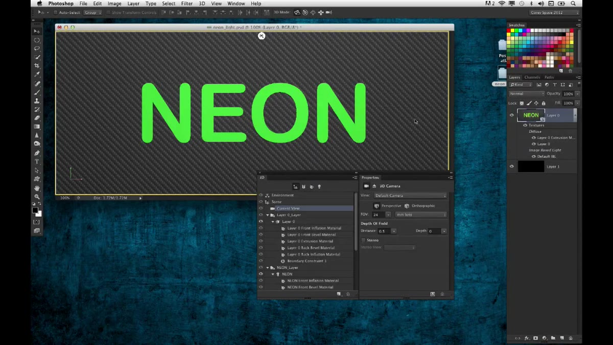 3D text object positioned in front of a dark background panel