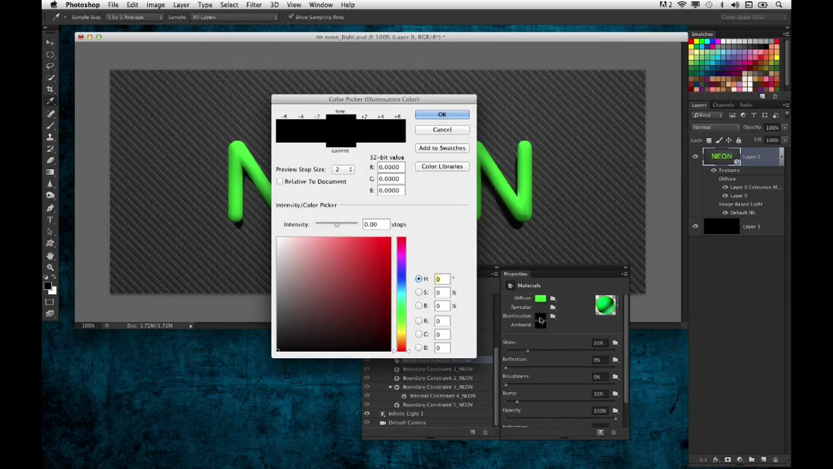 Illumination color swatch selected in Properties for the back inflation material