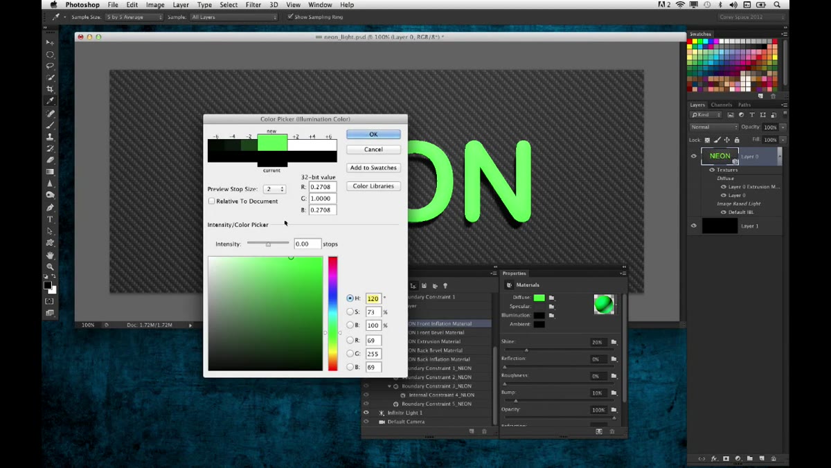 Front inflation material selected, illumination color being sampled from text