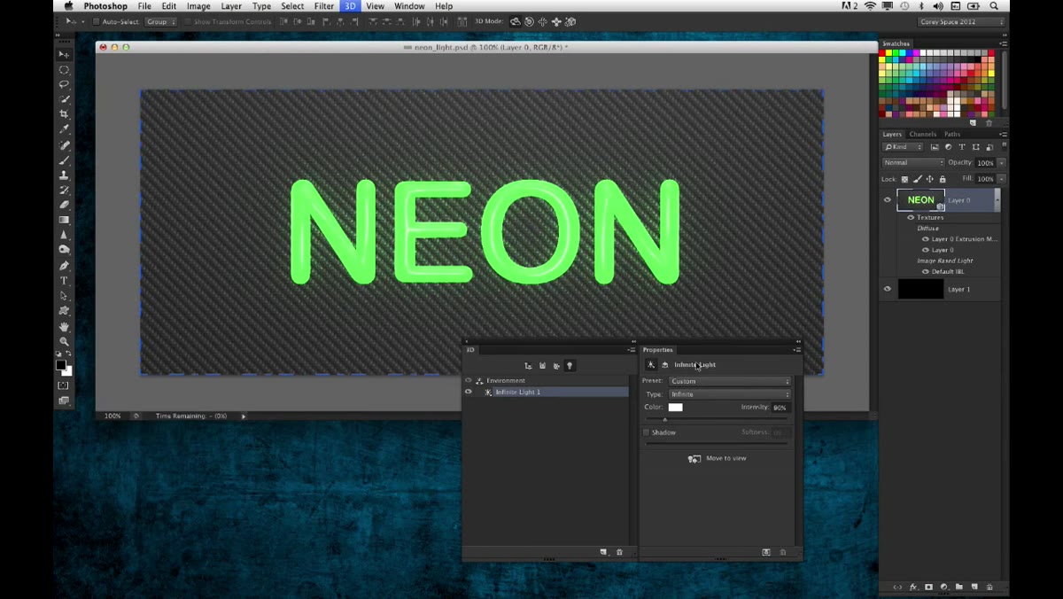 Render in progress showing green glow building around the 3D text