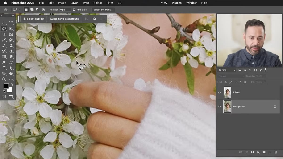 Lasso tool tracing around a flower petal on the background layer