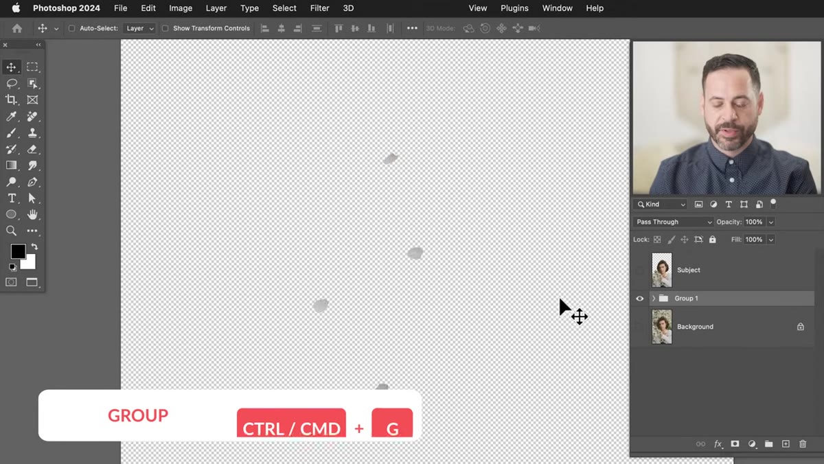 Layer panel showing petal layers being grouped with Ctrl+G