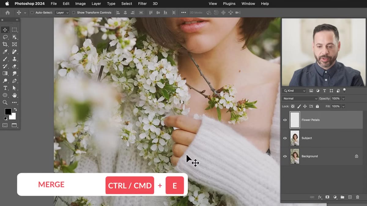 Layer panel showing background, subject, and flower petals in correct order