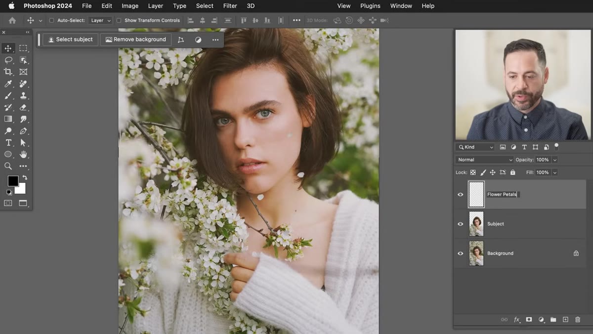 Photoshop canvas showing background and subject layers with petals above