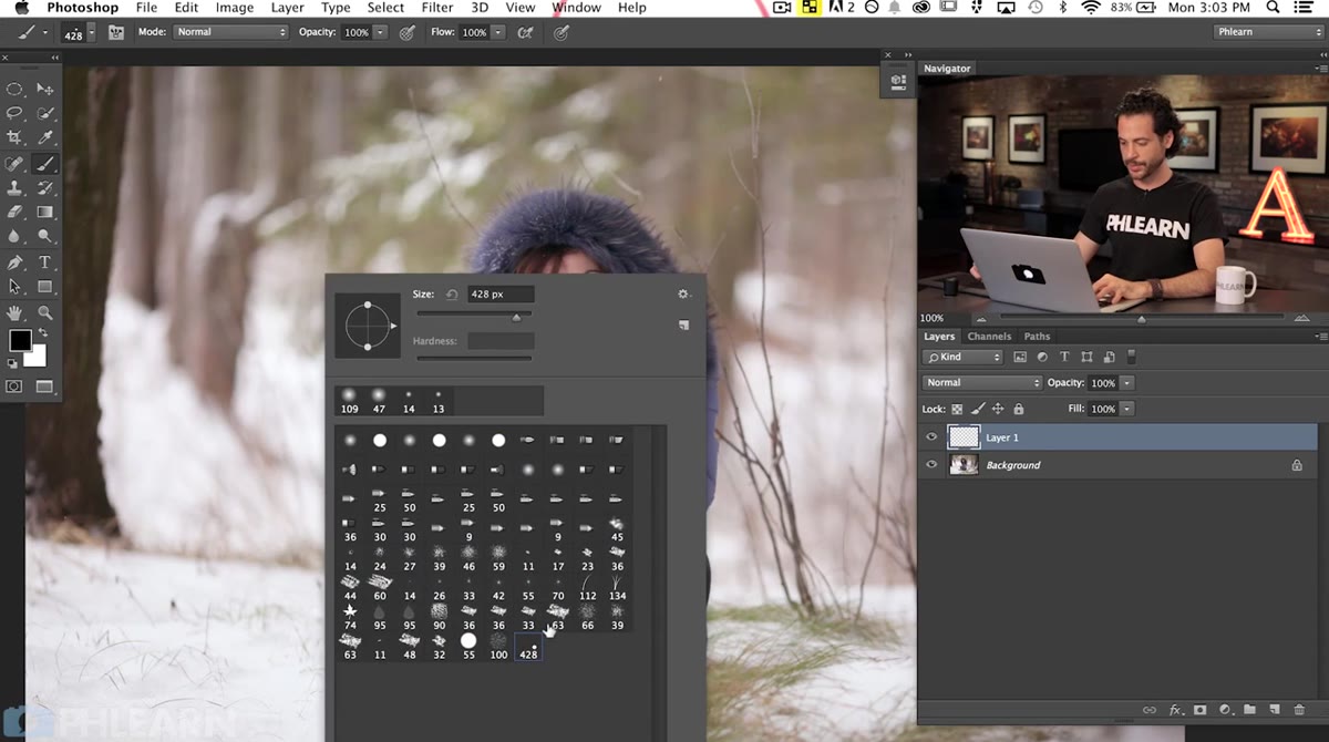 Brush picker open with newly created snow brush selected